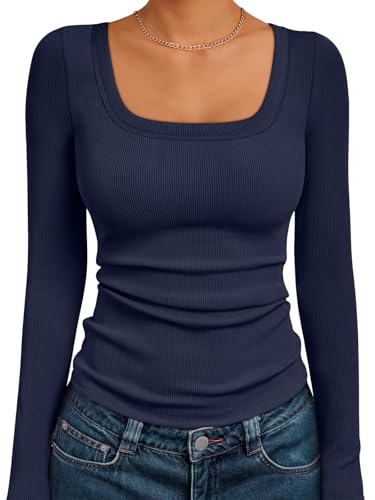 Image of AUTOMET Women's Square Neck Ribbed Long Sleeve Slim Fit Tops Fall