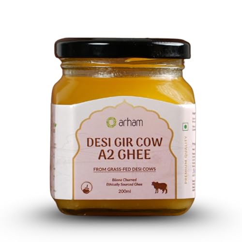 Image of Arham Organic A2 Gir Cow Ghee 200ml | Traditional Bilona Method | Grass-Fed Gir Cows | 100% Pure Desi Ghee | Cruelty-Free | Glass Bottle Packaging