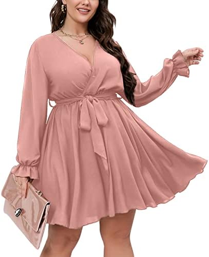 SCOMCHIC Plus Size Wedding Guest Dress Long Sleeves Short Mini Dress V Neck Flowy Pink Wrap Dress XL