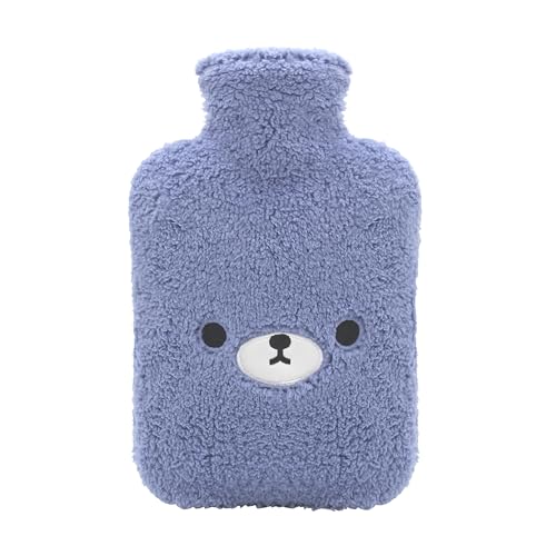 Samply Hot Water Bottle with Cute Fleece Cover 2L Hot Water Bag for Hot and Cold Compress Hand Feet Warmer Neck and Shoulder Pain Relief Bear Blue