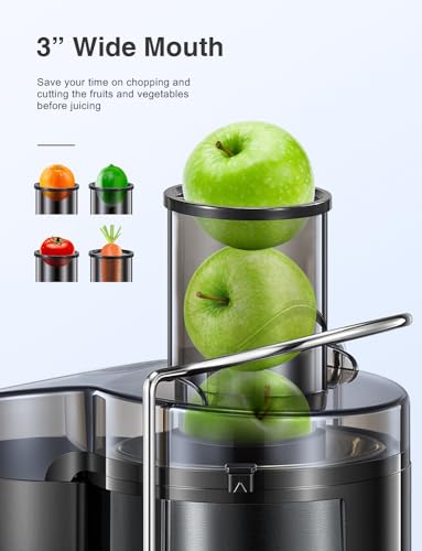 Juicer Machine, 800W Centrifugal Juicer Extractor with Wide Mouth 3” Feed Chute for Fruit Vegetable, Easy to Clean, Stainless Steel, BPA-free (Metallic Black)