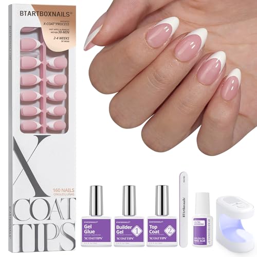 BTArtboxnails XCOATTIPS Press on Nails - Short Almond Nail Tips with Nail Gel, French Protecing Duo, Nail Lamp, All in One Soft Gel French Tip Press on Nails Gel Extension