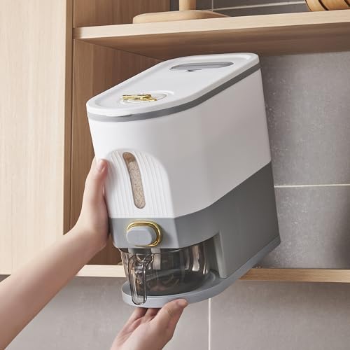 Image of Sooyee 20Lbs Rice Dispenser, Large Grain Container Storage with Lid Measuring Cylinder Moisture Proof Household Cereal Dispenser Bucket for Kitchen Soybean Corn,White and Grey
