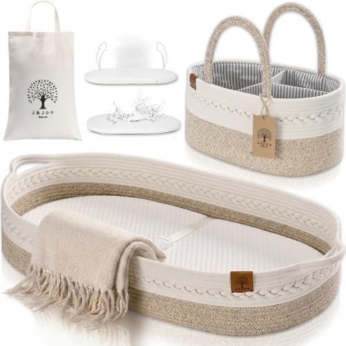 Baby Changing Basket Includes Diaper Caddy - Soft &amp; Waterproof Dual-Cover, Portable, Changing Pad for Dresser &amp; Changing Table, Gift for Baby Shower, Organic Cotton Rope