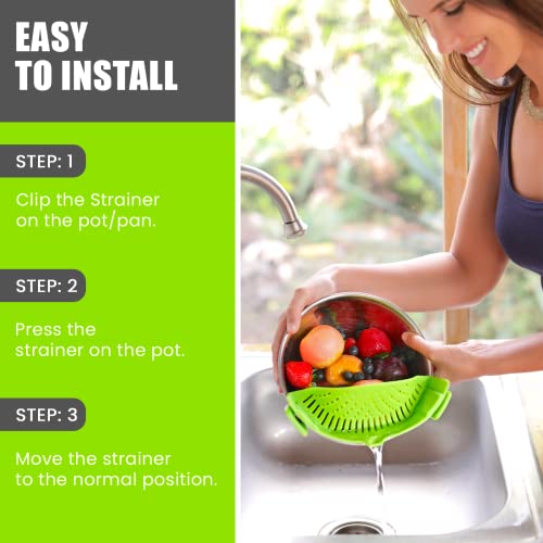 Clip-On Kitchen Food Strainer For Spaghetti, Meat, Pasta, & Ground Beef Grease, Colander & Sieve Snaps Or Clip On Bowls, Pots & Pans. Includes Silicone Strainer Drainer, Brush & Garlic Peeler (Green) #TOP3