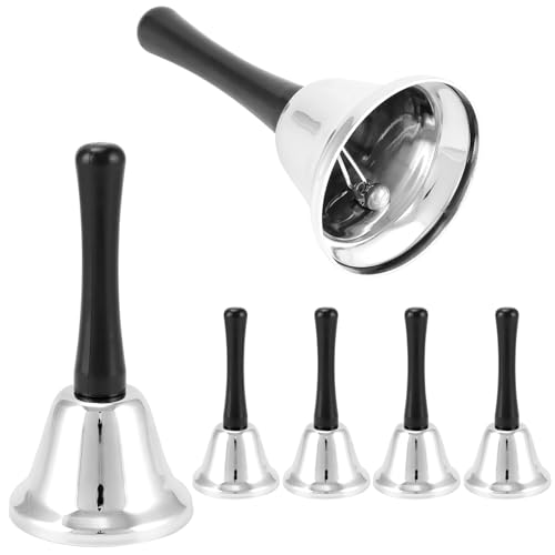 QWORK 6 Pack Silver Steel Call Bells with Handle – Loud Ringing Hand Bells for Elderly Assistance, Teachers, Reception Desks, Restaurants, Classrooms, Hand Bell Ring, Tea Table Ringer Instrument