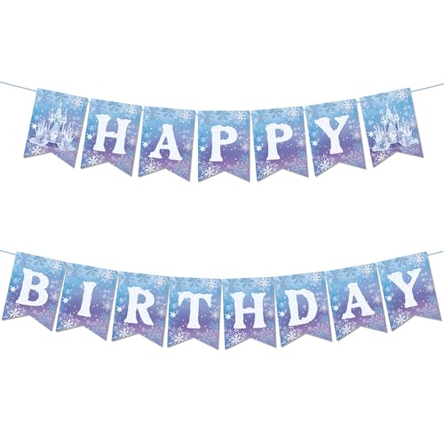 Image of Frozen Happy Birthday Banner - Winter Snowflake Garland Bunting for Winter Wonderland Birthday Christmas Party Decoration Supplies Girls Princess