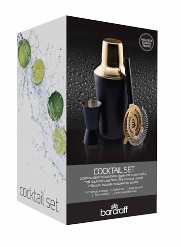 Image of Barcraft Premium Cocktail Making Kit for thinKitchen - 3-Piece Black & Gold Gift Set with 500ml Boston Shaker, Jigger & Strainer - Stainless Steel Barware, 10 x 10 x 19 cm