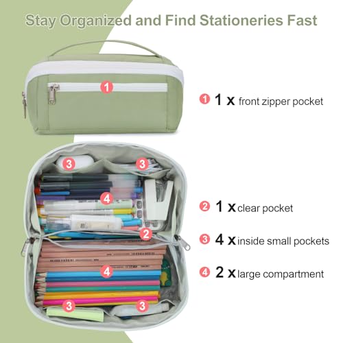 Image of Large Pencil Pouch - 8 Compartments, Wide Handle Organizer Bag | Wide Open Pen Bag, Flexible Dividers & Side Pockets, Handle, 900D Fabric, College Supplies for Teens, Green