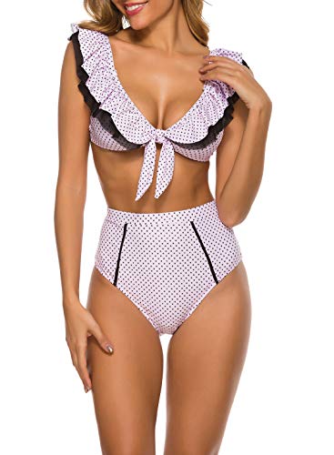 Conjunto de biquíni feminino VIMPUNEC com bolinhas, ombros de fora, com laço frontal, cintura alta,