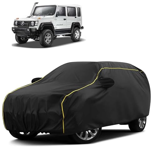 Image of Sulfar 100% Water Resistant Car Body Cover Compatible with Mirror for Force Gurkha (Triple Stitched, Full Bottom Elastic, Black Taffeta with Yellow Piping)