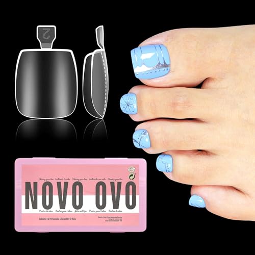 NOVO OVO Thick Sculpted Toe Nail Tips Long Tapered Square Press on, Wide Soak off Soft Gel False Toenail Extension, Clear Pre-applied Tip Primer &amp; Base Coat, Full Cover Acrylic DIY 15 Sizes 360 pcs