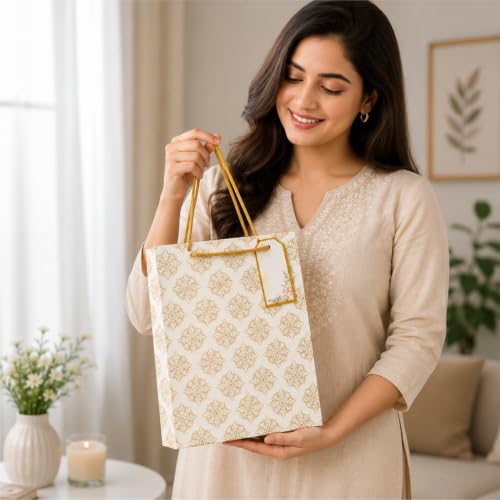 Image of Floral Paper bags - Bags for gifting - Gift bags small size - Carry Bags for Gifting - Return gift bags Wedding Birthday Baby shower - Pack of 10 - Size 7 x 9 x 3 inch