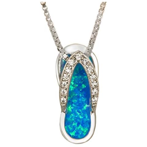 Sterling Silver Hawaiian Flip Flop Slipper Necklace Pendant with 18" Box Chain (Blue Opal Turtle) (Cubic Zirconia Strap), Gemstone, Opal Cover