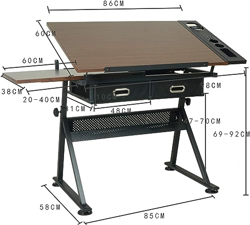 Height Adjustable Drafting Desk Tiltable Tabletop Drawing Table, with 2 Storage Drawers Art Writing Reading Workstation,Brown