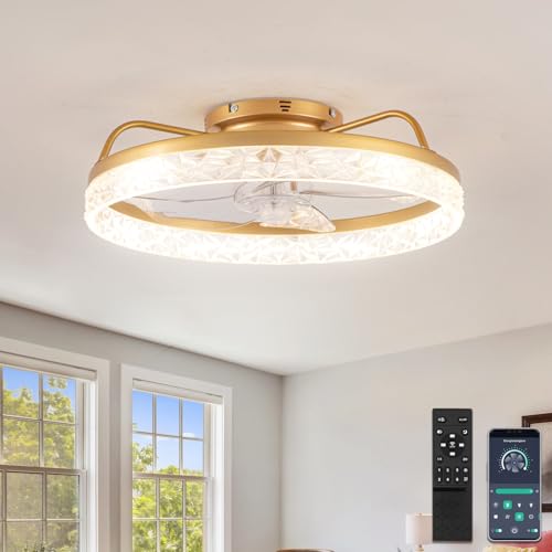 YUNLONG Ventilador de Techo con Luz y Mando a Distancia Silencioso dc Lampara Ventilador Sin Aspas Cristal Ventiladores Techo Modernos con Temporizador Regulable 6 Velocidades para Dormitorio,Dorado
