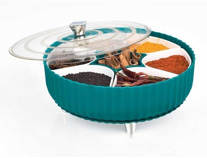 7Seas 360 Revolving Dining Table Spices and Pickles Storage rack|7 Section jar Masala or Dry-Fruit Storage Box |Snacks Storage Rotating Container|Spice rack With Transparent lid and Spoon