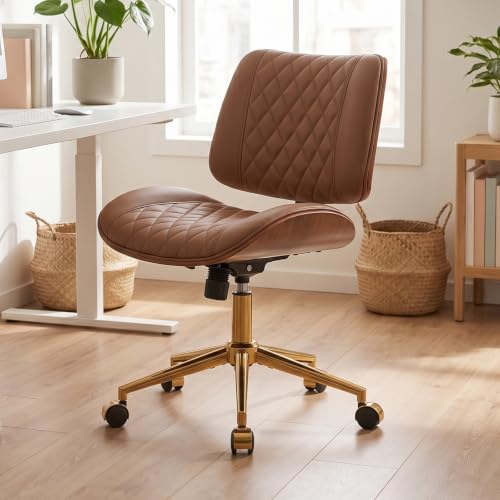 FervorFurn Armless Office Chair with Back, Mid Century Modern Walnut Style Desk Chair, No Arms Leather Computer Chair for Home Office, Vanity Chair, Seat-Rocking, Adjustable Height (Light Brown) - image 1