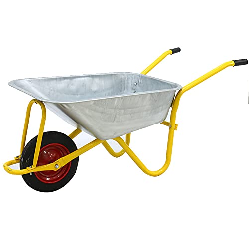 Carretilla de Obra o Jardin Galvanizado Resiste Hasta 150kg con Rueda maciza para Profesional, Construcción, Obra Y JardineríA, 85L,Amarillo