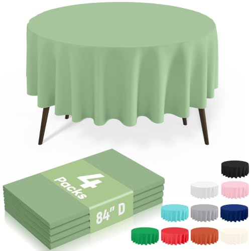 Image of misaya 4 Packs Disposable Plastic Table Cloth, 84 inch Round Waterproof Tablecloth, Leakproof & Sturdy Decorative Table Covers for Picnic, Party, Outdoor and Back to School, Sage Green