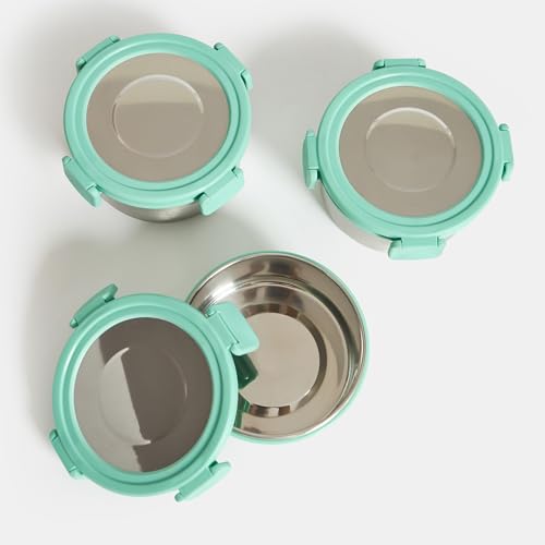 Image of Chumbak Aztec Cats Lunch Box Set | Tiffin, 3 round Containers, 450 ml Each, 1 Sipper bottle 350ml| Easy to Carry | Leak Proof | Stainless steel Lunch box