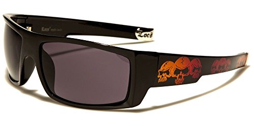 Locs Square Triple Skulls Wrap Around Sunglasses (Black, Orange & Red Frame, Black)