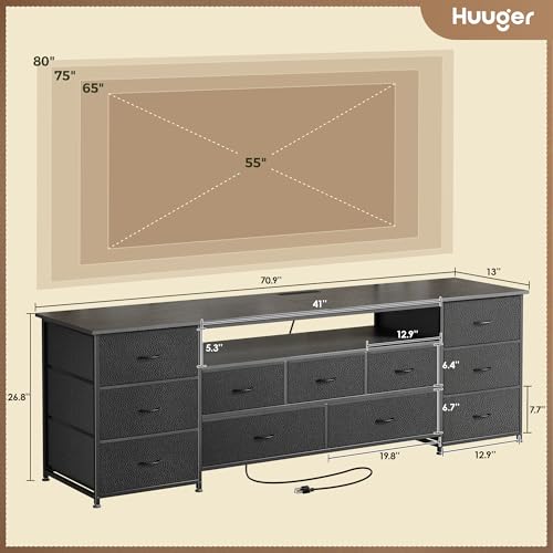 Huuger 70 Inch TV Stand for 75, 80 Inch TV, 11 Drawer Long Dresser with Power Outlets and LED Lights, Entertainment Center with Storage, Black Dresser with PU Leather Surface - Image 3