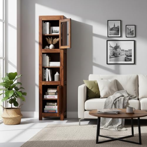 Image of APRODZ Mango Wood Crockery Cabinet with Glass Door | Wooden Kitchen Storage Cabinet for Dining Room Living Room & Bedroom | Tall Storage Cabinet with Shelves | Display Cabinet for Home with Two Doors