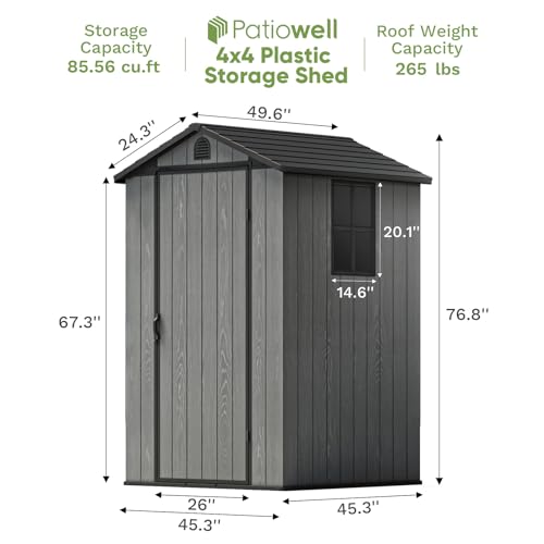 Image of Patiowell 4 x 4 FT Plastic Outdoor Storage Shed with Floor, Garden Tool Resin Shed with Two Windows and Lockable Door for Garden, Backyard, Lawn, Easy to Install, Dark Grey