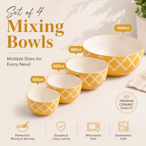 Image of Ceramic Mixing Bowl Set - 4 Pieces (1500ml, 800ml, 600ml, 400ml), Yellow - Durable, Microwave & Dishwasher Safe - Ideal for Mixing, Serving & Storage