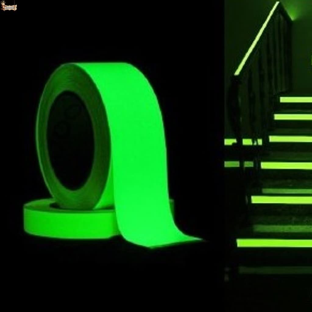 BricoLoco.com Cinta adhesiva fotoluminiscente. Luminiscente. 5 ROLLOS. Señalización, decorativa, suelos, puertas, escaleras. Luminosa brillante en ausencia de luz. (5, 10mts. X 25 mm.)
