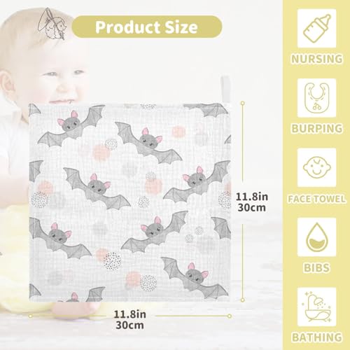 Image of vvfelixl Cute Watercolor Flying Bats Baby Burp Cloths Baby Muslin Washcloths for Boys Girls Cotton Baby Face Towel for Newborn Infants Soft and Absorbent 11.8 X 11.8 in, 5 Pack White