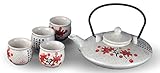 5 Pieces White Porcelain Tea Set Flat Tea Pot Red Cherry Blossom Chinese Japanese Style (Cherry Blossom)