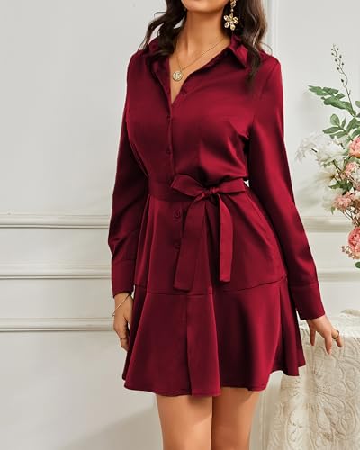 Image of Women's Long Sleeve Button Up Midi Belt Shift Collar Dress with Pockets for Work Office Business