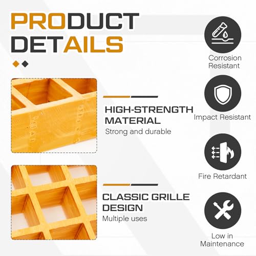 Image of Cinnvoice 3 Pcs Fiberglass Molded Grating, Non-Slip Frp Bar Grate Panel 1.5 inch Square Open Mesh Industrial Grating for Floor, Platform, Deck, Drain Trench, Car Wash (31 x 9 x 1.5 Inches,Yellow)