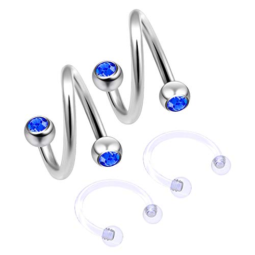 4pc 16g Spiral Cartilage Barbell Lip 16 Gauge Eyebrow Ear Twister Belly Bars Helix Twist Daith Button Ring Navel Victoria Clit Hood Earring Hoop Tragus - Sapphire 10mm