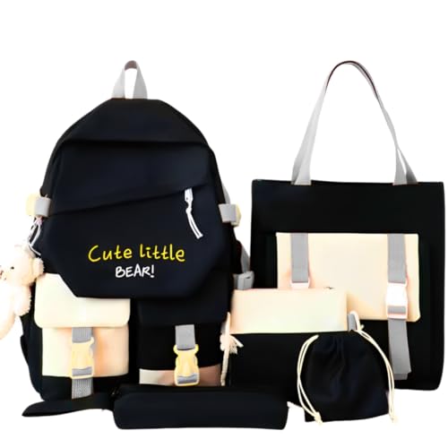Kit Mochila Escolar Juvenil Com 5 Itens Chaveiro Ursinho (Preto)