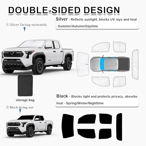 Image of KMF Full Window Sun Shade Custom Fit for Toyota Tacoma 2024 Accessories, Privacy Car Window Covers for Windshield & Rear, UV Block and Blackout for Camping /Baby