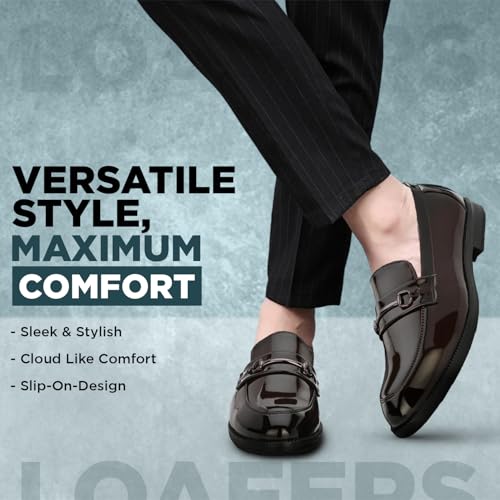 Image of STANPHORD Men Formal Buckle Accent Loafers | Patent Slip-On | Memory Foam Insole | Office Business Wedding Casual WearTan (TPSL F1)