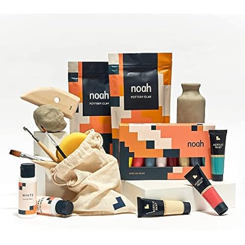noah Pottery Kit for Beginners - Set Includes Air Dry Clay, Tool Kit and Acrylic Paints - Craft Set (White Clay/Mediterranean Paint) Cover