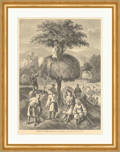 Gravure sur bois Titelbach agriculteurs serbes foin Biller Antik