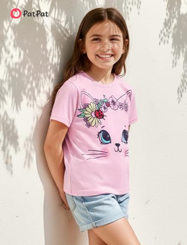 Image of PATPAT Girls Crewneck Short Sleeve Graphic Tees Animal Print Shirts Cute Summer Outfits 5-12 Years