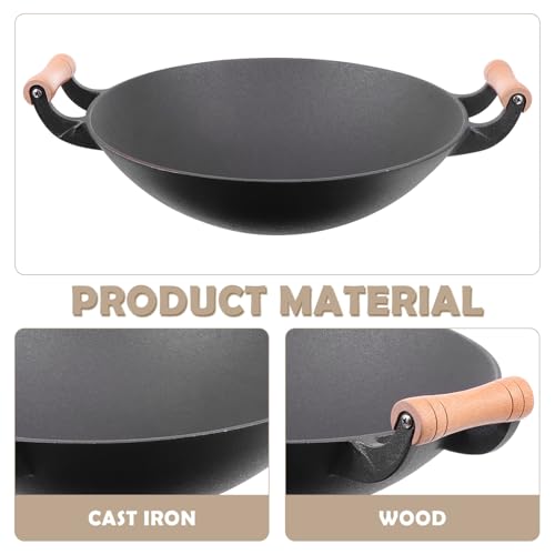 Wok de hierro fundido con mango de madera antiadherente miniatura 3