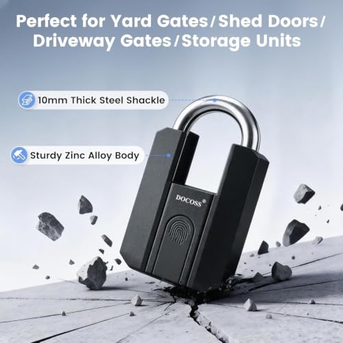 Image of DOCOSS Fingerprint Door Lock, Heavy-Duty Smart Padlock, Fingerprint Lock with 3-Way Unlock (Fingerprint /App /2 Keys),USB Rechargeable, Waterproof Lock for Suitcase,Home, Office, Gym Locker, Gate