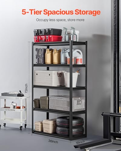 Image of VEVOR Storage Shelves, 2000 lbs, 5 Tier Garage Storage Shelving, 18 inch D x 40 inch W x 72 inch H Adjustable Metal Shelves for Garage Shelves Utility Rack Shelf, Ideal for Kitchen, Warehouse, Basement, Black