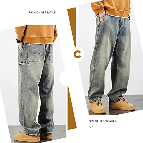 Men's Baggy Jeans Relaxed Straight Leg Jeans Washed Denim Loose Fit Work Dungaree Yellow Mud 313