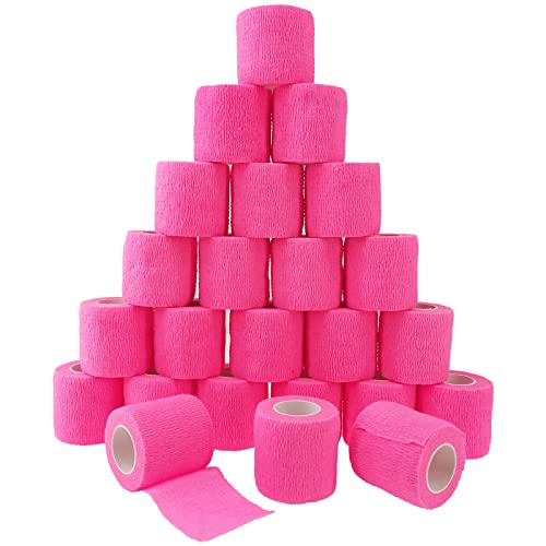 24 Pack Self Adherent Cohesive Bandage Wrap 2 x 5 Yards Elastic Non Woven Pink Adhesive Tape Stretch Vet Wrap for Dogs Athletic Bandages Wrap for First Aid Medical Sports Ankle Wrist Sprains