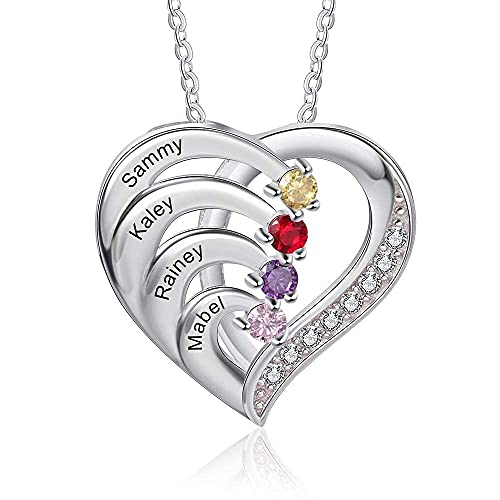 kaululu Personalized Mothers Necklace with 4 Birthstones, Sterling Silver Necklace for Women Custom Heart Necklace with Names Silver Jewelry Birthday Gifts for Mom Wife Girlfriend Valentine's Day/Christmas Gift/Mothers Day Gifts