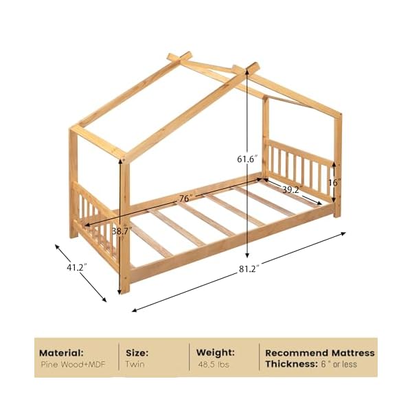 Bellemave floor house beds wood montessori bed frame twin size platform bed with headboard footboard for kids boys girls teens natural  urban country home decor