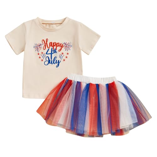 FYBITBO Toddler Baby Girl 4th Of July Outfit Short Sleeve Usa Shirt Smocked Tulle Skirt Girls Fourth Of July Clothes (Happy 4th of July, 12-18 Months)